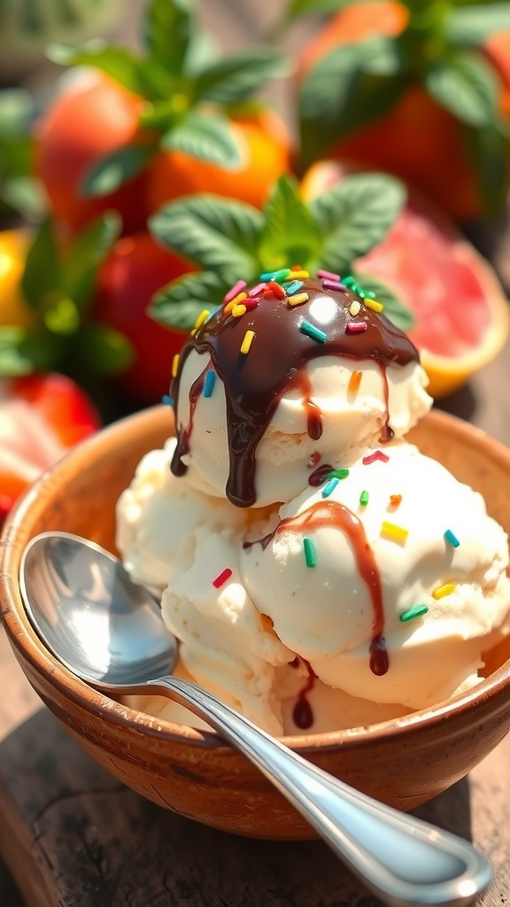 A bowl of vanilla ice cream topped with chocolate sauce and sprinkles, with fresh fruits in the background.
